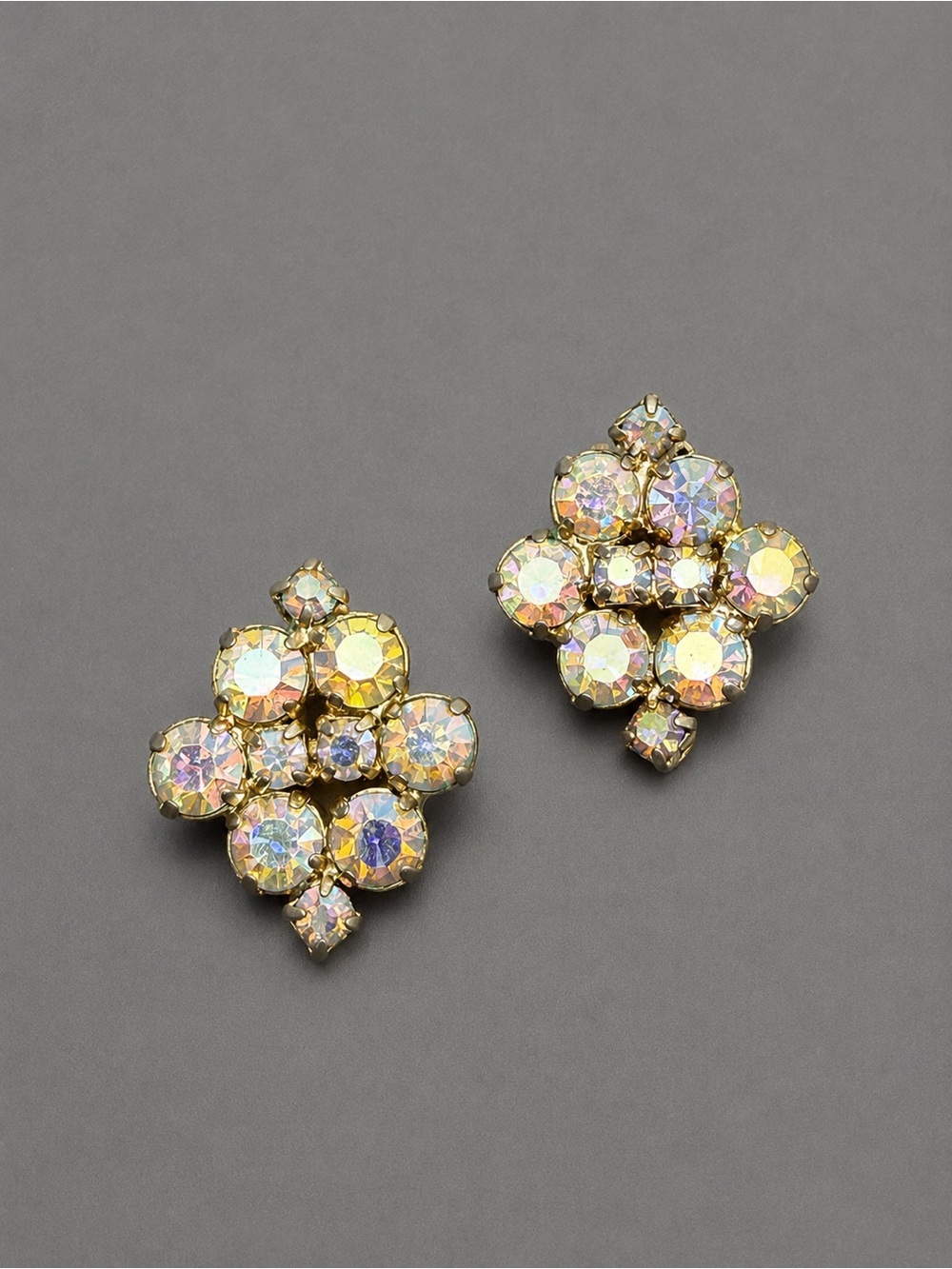 Vintage Aurora Rhinestone  Cluster Earrings - Gold Tone